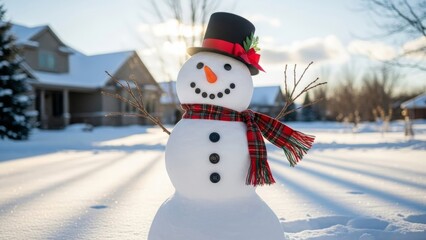 Cheerful snowman with top hat and scarf in snowy suburban yard winter christmas