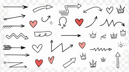Collection of Hand Drawn Arrows Hearts and Crowns Doodle Elements.