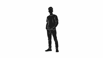 Silhouette of a young man standing with hands in pockets wearing casual clothes.