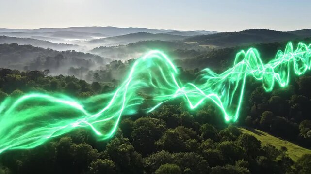 Vibrant orange energy waves undulate through sandy beach at sunset with pulsating energy wave flowing across effect green screen