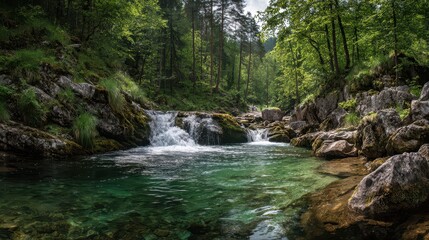 Fototapeta premium Serene Waterfall Cascading into Mountain Stream Surrounded by Lush Forest Landscape