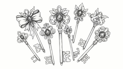 Collection of Ornate Antique Keys with Decorative Bows and Gemstones.