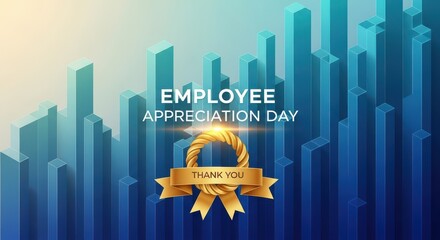 Employee appreciation day graphic with abstract cityscape and golden ribbon, conveying gratitude and recognition for hard work and dedication
