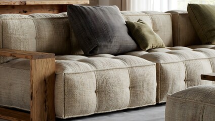 Comfortable beige sofa with wooden armrest and pillows in living room