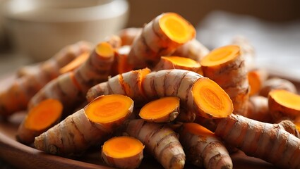 Fresh turmeric roots sliced and piled in a wooden bowl