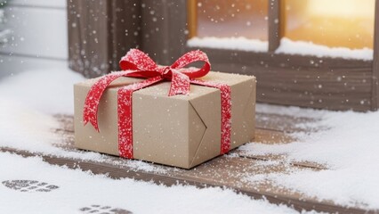 Christmas Gift Box Wrapped In Kraft Paper With Red Ribbon In Snow present