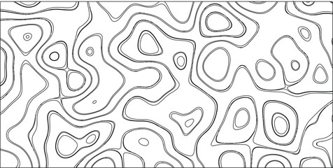 Black and white abstract contour lines forming an organic and irregular pattern resembling a topographic map with clean lines on a white background