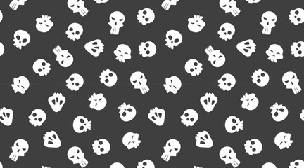 Funny skull pattern background. Vector cute Halloween black print with funny white skulls. Hand drawn texture for Day of Dead decor, Halloween paper, backdrop, cover, fabric design, wallpaper, textile
