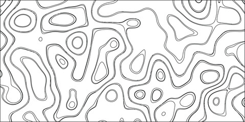 Black and white topographic map lines forming an abstract organic pattern with fluid, flowing contours and circular shapes, ideal for backgrounds and design elements