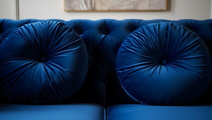 Luxurious blue sofa with tufted back and round pillows