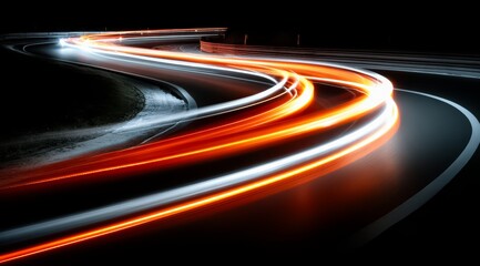 Long, curvy road with a bright orange line of light trailing it. Concept of speed and excitement