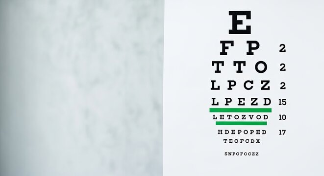 A white wall with a green eye chart on it.