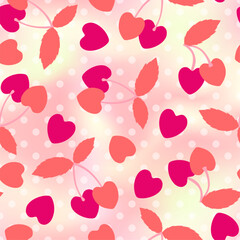 Sweet love cherry seamless pattern. Vector summer fruit print with heart shaped cherries silhouettes on pink gradient dotted background. Cute berry texture for wrapping, decor, textile, fashion.