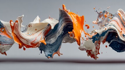 Painting of a wave with splashes of orange and blue paint. The painting is abstract and has a sense of movement