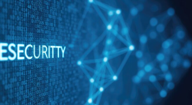 A digital interface with the word 'SECURITY' in the foreground and a network of interconnected dots and lines in the background. - Powered by Adobe
