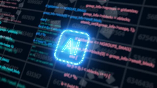 Artificial intelligence AI glowing with digital programming code background for futuristic technology concept.