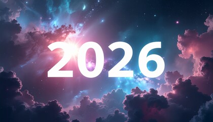 Vibrant cosmic scene with 2026 in bold white letters