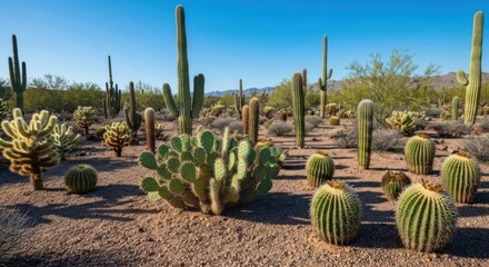 Desert landscape teeming with various cacti, a vibrant array of succulents against a clear blue sky