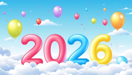 Vibrant balloons and clouds celebrate the year 2026 in a joyful sky