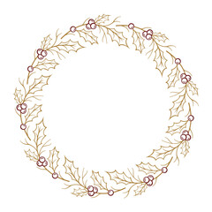 Golden holly wreath with berries. Christmas decorative frame
