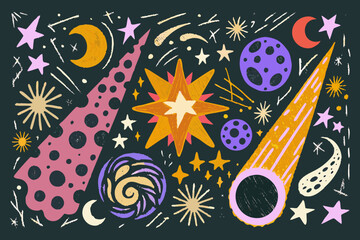 Colorful celestial illustration featuring stars planets moons and cosmic elements © Bikas