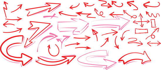 Collection of various hand drawn red arrows and direction indicators sketched on a clean white background.