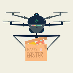 Easter Drone Delivery with Gift Box Holiday Logistics Perfect for Easter marketing, online shopping banners, greeting cards, social media. Vector Illustration.