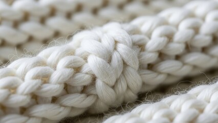 Close-up Macro Shot of Thick White Woolen Knit Fabric Texture knitting