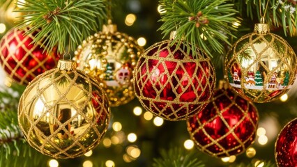 Close-up of Red and Gold Christmas Ornaments on Tree stock