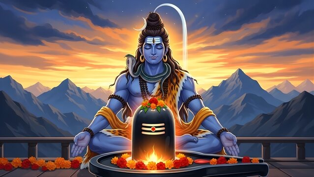Divine lord shiva meditating peacefully in front of a shiva lingam during sunset