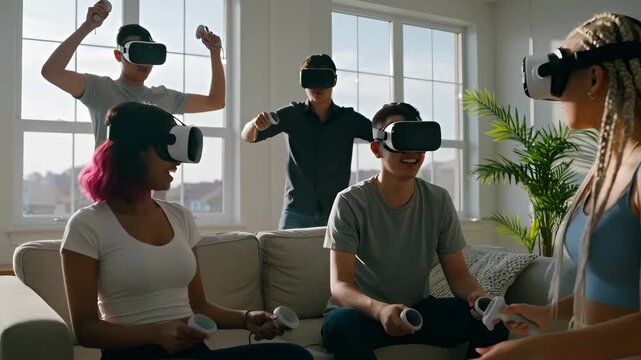 Diverse group of young adult friends playing an exciting virtual reality game at home. Multiethnic people wearing vr headsets and using controllers for an immersive experience