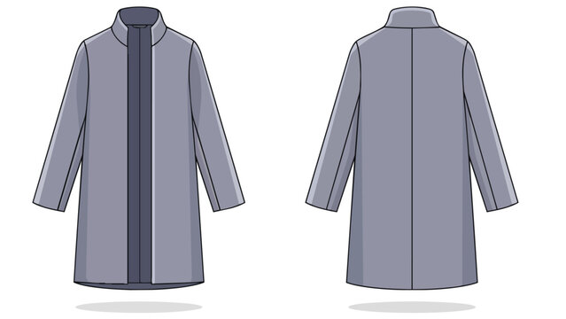 Clean vector illustrations of a sleek grey long coat from front and back views