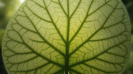 Close up of bright green leaf veins intricate network backlit showing delicate structure