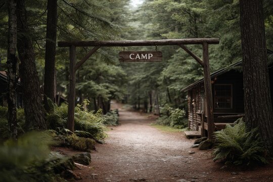 a forested summer camp entrance with wooden sign