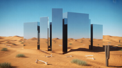 Surreal desert landscape with monolithic mirrored structures reflecting arid environment under clear sky