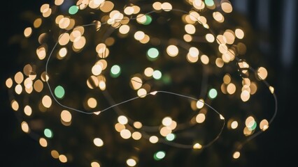 Close-up of tangled warm yellow and green fairy lights with bokeh effect string lights blurred