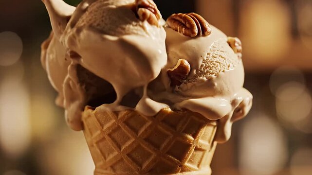 A mouth-watering close-up captures multiple generous scoops of creamy, delectable ice cream, richly adorned with crunchy pecan pieces, expertly nestled in a crisp waffle cone. A luscious, smooth toppi