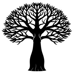 A black tree silhouette vector with roots and branches features detailed leaves and a sturdy trunk to represent nature and the cycle of life through every forest season from spring to winter