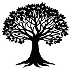 An artistic vector silhouette of a summer tree featuring intricate roots and leafy branches as a symbol of life and eco friendly nature for modern forest environment design