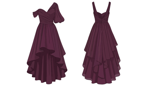 Elegant plum-colored asymmetric layered hem evening gown with dramatic puffed sleeve and strapped back view