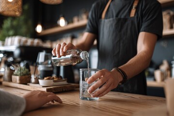 Hands of a barista 
pouring  water in glass