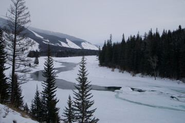 Open water on a snowy river in winter