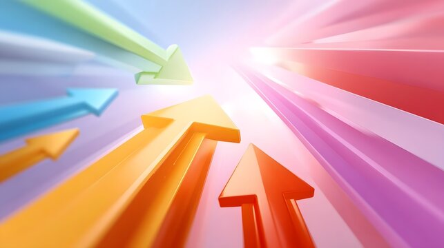 Abstract visualization of vibrant multi colored arrows ascending and converging towards a luminous focal point representing forward momentum achievement and growth