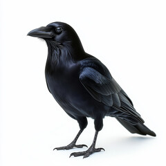 Fototapeta premium Shiny black crow perched on white background with detailed feathers and sharp beak conveying curious mood