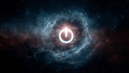 Power button glowing symbol space background cosmic energy galaxy power button glowing symbol