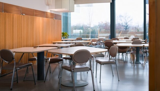 empty cafeteria dining area with tables and chairs