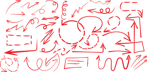 Collection of various hand drawn red arrows doodles and sketchy directional indicators on white background.