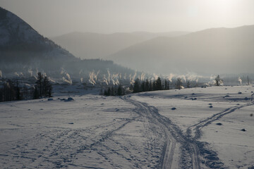 Smoking stoves in the mountains. Frost