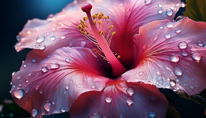 pink hibiscus bloom covered in water droplets extreme closeup