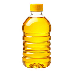 Clear Plastic Bottle with Golden Yellow Liquid and Yellow Cap Isolated on Black Background